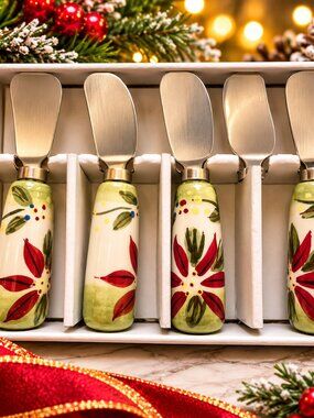 Holiday Corsica Cheese Spreader Set – Poinsettia Pattern – New in Box